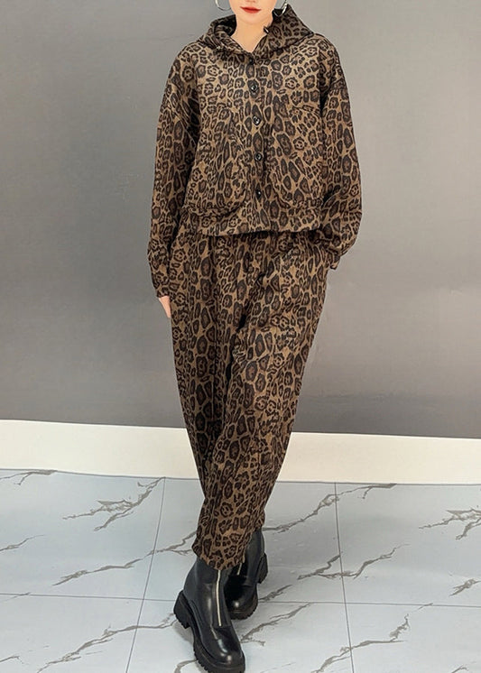Chic und Stil | Khaki Leopard Hooded Fleece Coats Warm and Harem Pants Two Piece Set Winter