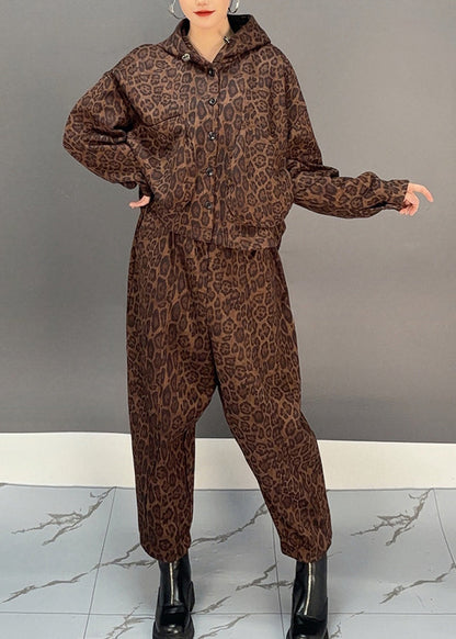 Chic und Stil | Khaki Leopard Hooded Fleece Coats Warm and Harem Pants Two Piece Set Winter