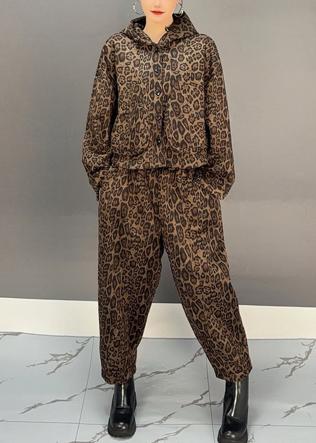 Chic und Stil | Khaki Leopard Hooded Fleece Coats Warm and Harem Pants Two Piece Set Winter