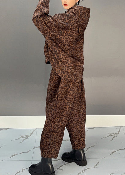 Chic und Stil | Khaki Leopard Hooded Fleece Coats Warm and Harem Pants Two Piece Set Winter