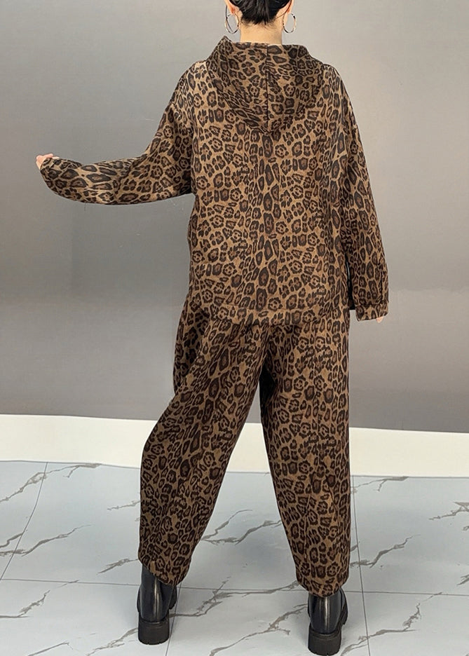 Chic und Stil | Khaki Leopard Hooded Fleece Coats Warm and Harem Pants Two Piece Set Winter