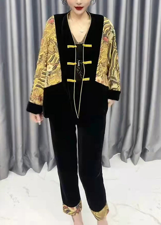Chic und Stil | Crop jackets and pants with yellow V-neck patchwork silk velvet print Two-piece set