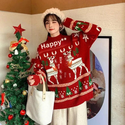 Chic und Stil | Pull en tricot de Noël pour femmes avec renne - Pull tricoté