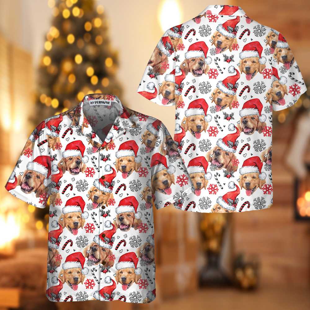 Chic und Stil | Chemise hawaïenne Golden Retriever Santa, T-shirt de Noël amusant pour hommes et femmes, Meilleur cadeau de Noël