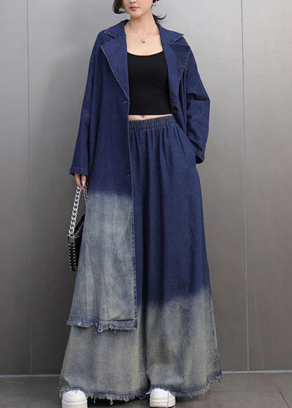 Chic und Stil | Color Navy Blue Denim Trench Coat with Notched Collar and Wide Leg Pants Two Piece Set