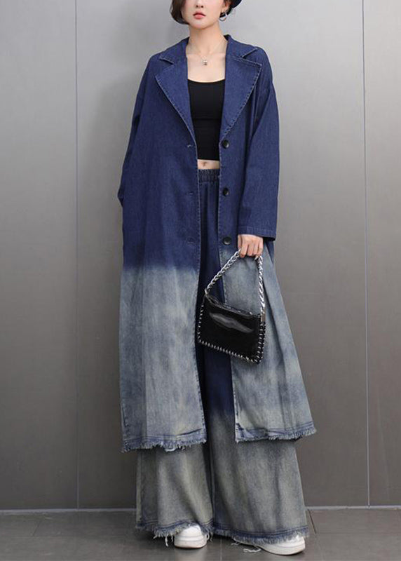 Chic und Stil | Color Navy Blue Denim Trench Coat with Notched Collar and Wide Leg Pants Two Piece Set