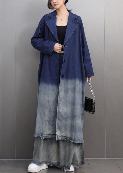 Chic und Stil | Color Navy Blue Denim Trench Coat with Notched Collar and Wide Leg Pants Two Piece Set