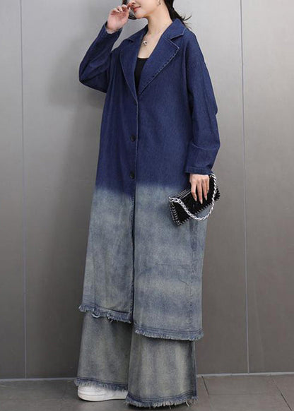 Chic und Stil | Color Navy Blue Denim Trench Coat with Notched Collar and Wide Leg Pants Two Piece Set