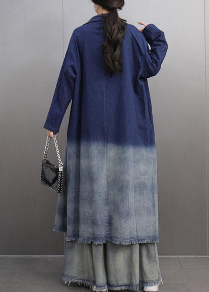 Chic und Stil | Color Navy Blue Denim Trench Coat with Notched Collar and Wide Leg Pants Two Piece Set