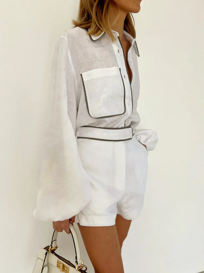 Chic und Stil | Linen Contrast Trim Two-Piece Shorts Set