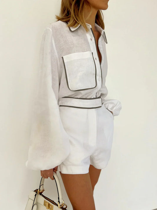 Chic und Stil | Linen Contrast Trim Two-Piece Shorts Set