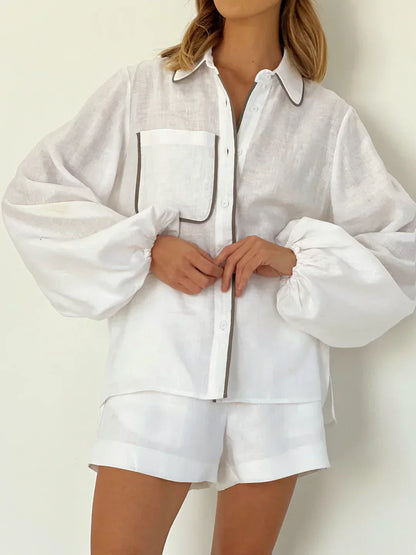 Chic und Stil | Linen Contrast Trim Two-Piece Shorts Set