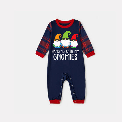 Chic und Stil | Three Santa Clauses "HANGING WITH MY GNOMIES" Monogram Print Blue Long Sleeve Top with Classic Red and Blue Checkered Pants Family Matching Pajamas