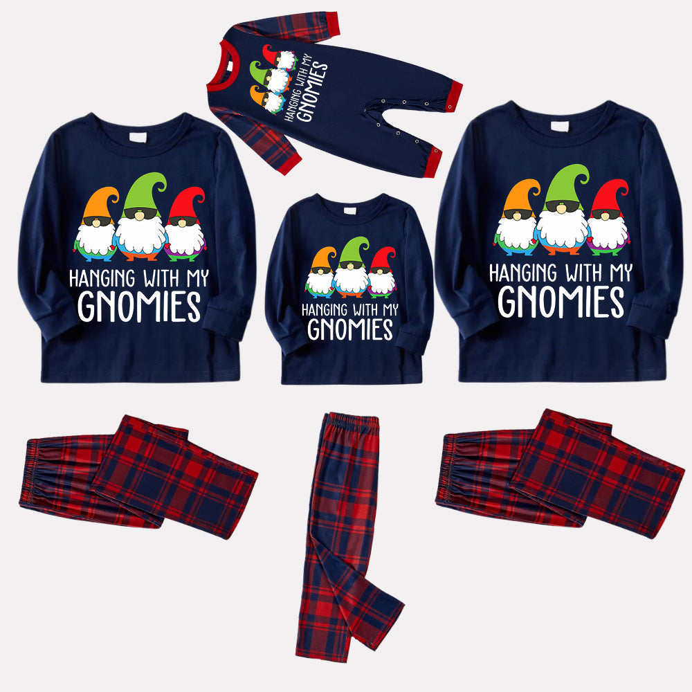 Chic und Stil | Three Santa Clauses "HANGING WITH MY GNOMIES" Monogram Print Blue Long Sleeve Top with Classic Red and Blue Checkered Pants Family Matching Pajamas