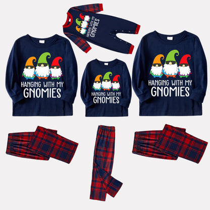 Chic und Stil | Three Santa Clauses "HANGING WITH MY GNOMIES" Monogram Print Blue Long Sleeve Top with Classic Red and Blue Checkered Pants Family Matching Pajamas