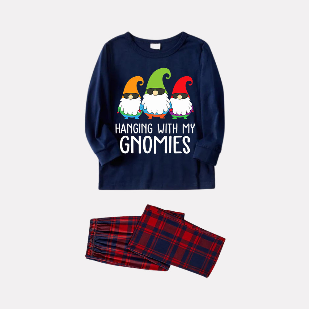 Chic und Stil | Three Santa Clauses "HANGING WITH MY GNOMIES" Monogram Print Blue Long Sleeve Top with Classic Red and Blue Checkered Pants Family Matching Pajamas