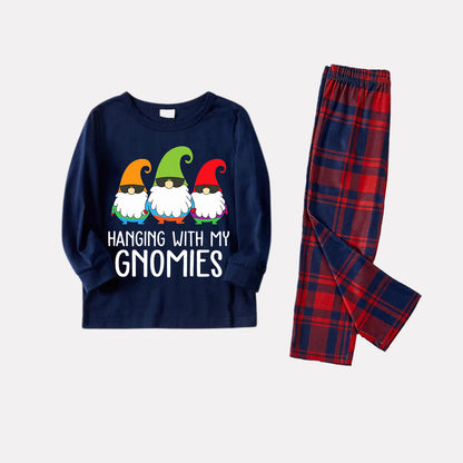 Chic und Stil | Three Santa Clauses "HANGING WITH MY GNOMIES" Monogram Print Blue Long Sleeve Top with Classic Red and Blue Checkered Pants Family Matching Pajamas
