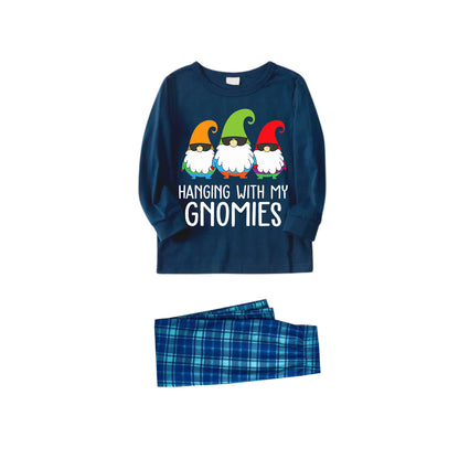 Chic und Stil | Three Santas "HANGING WITH MY GNOMIES" Monogram Print Blue Long Sleeve Top with Blue & Green Checkered Pants Family Matching Pajamas