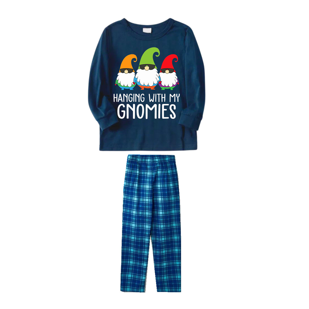 Chic und Stil | Three Santas "HANGING WITH MY GNOMIES" Monogram Print Blue Long Sleeve Top with Blue & Green Checkered Pants Family Matching Pajamas