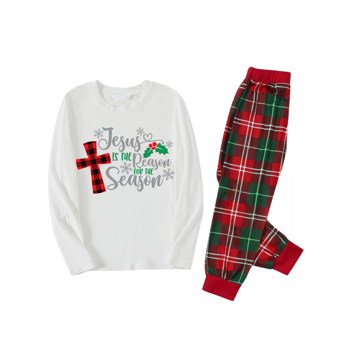 Chic und Stil | Christmas "Jesus is the reason for the season" letter print patterned white long sleeve with white & red & green checkered pants family matching pajamas