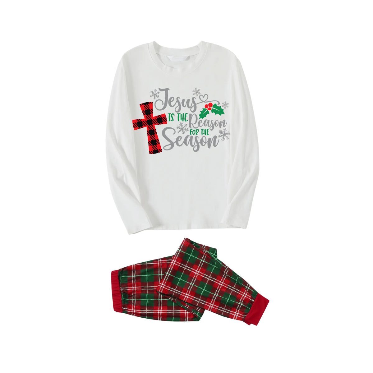 Chic und Stil | Christmas "Jesus is the reason for the season" letter print patterned white long sleeve with white & red & green checkered pants family matching pajamas