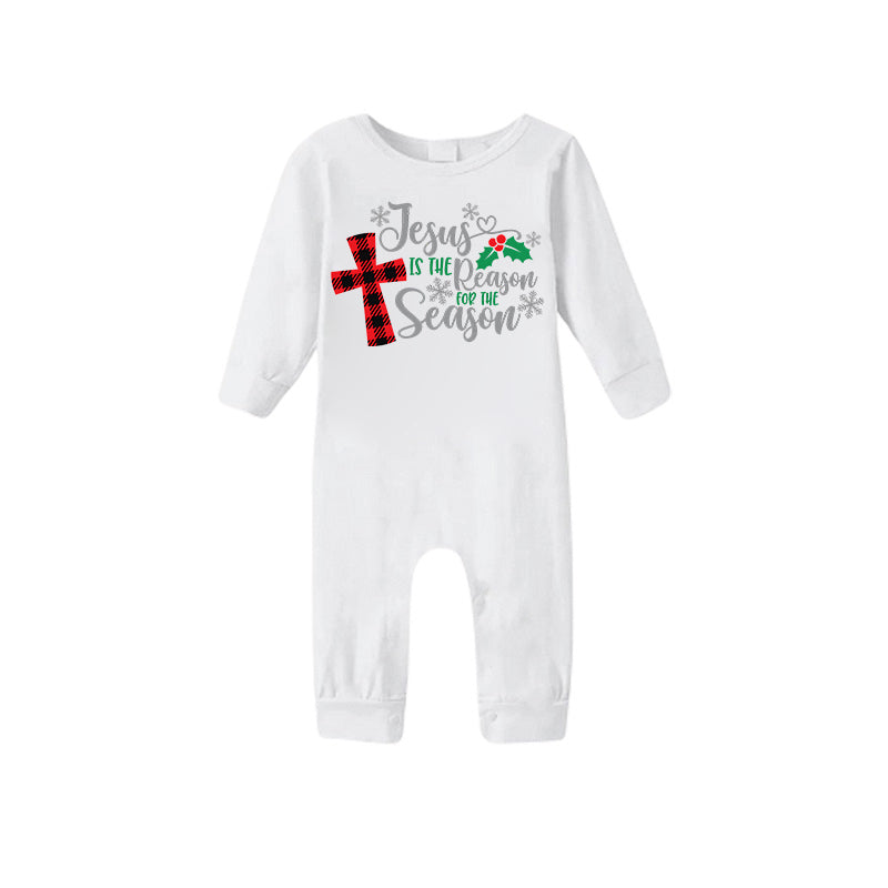 Chic und Stil | Christmas "Jesus is the reason for the season" letter print patterned white long sleeve with white & red & green checkered pants family matching pajamas