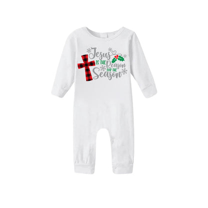 Chic und Stil | Christmas "Jesus is the reason for the season" letter print patterned white long sleeve with white & red & green checkered pants family matching pajamas