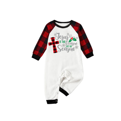 Chic und Stil | Christmas "Jesus is the reason for the season" Letter print pattern White Long sleeve with Black & Red Checked Pants Family matching Pajamas
