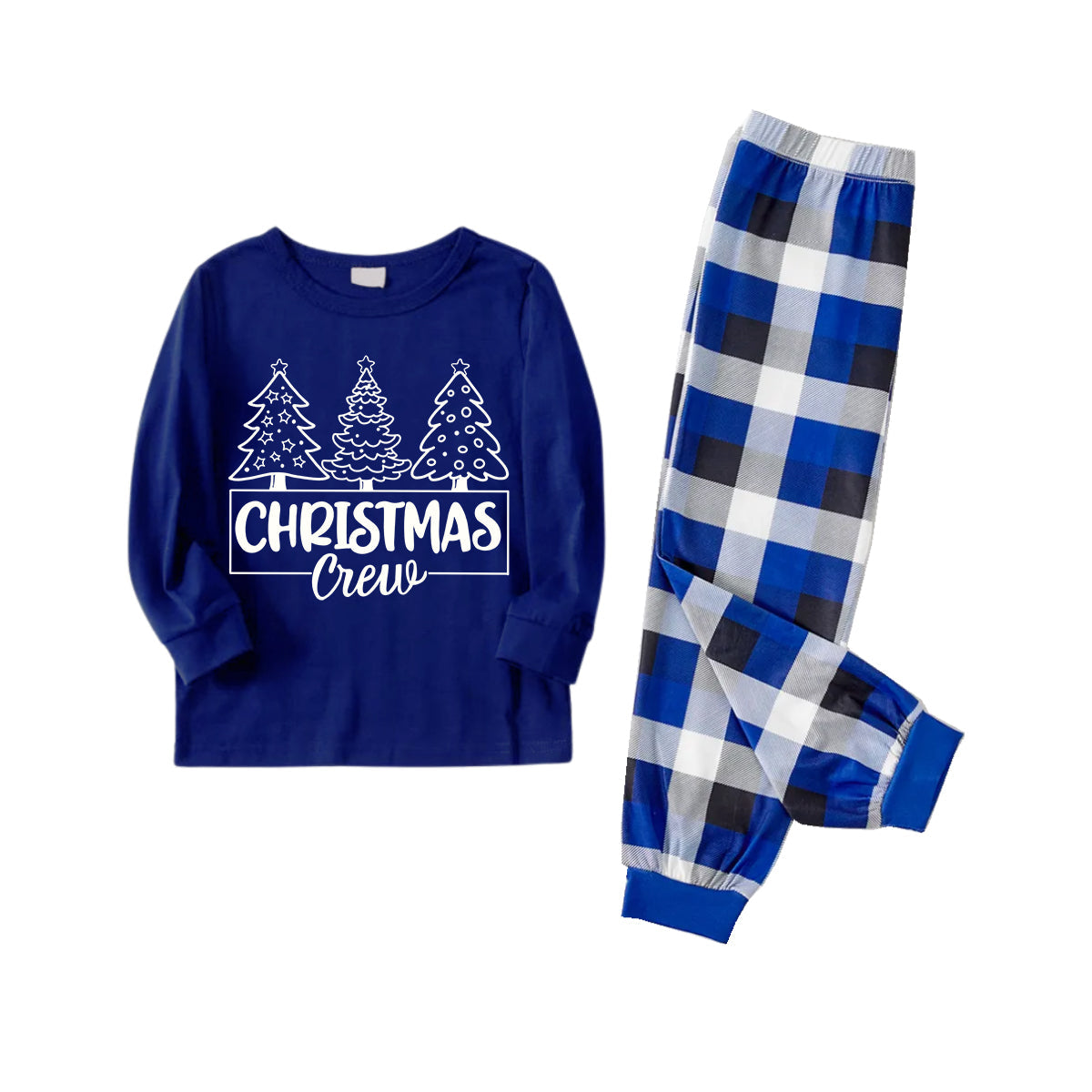 Chic und Stil | "Christmas Crew" and Trees Blue Long Sleeve with Blue & White & Black Checked Pants Family Matching Pajamas