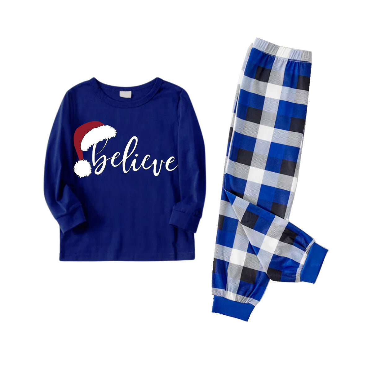 Chic und Stil | Stylish White Letter Print "Believe" Blue Long Sleeve with Blue-White-Black Checked Pants Family Matching Pajamas