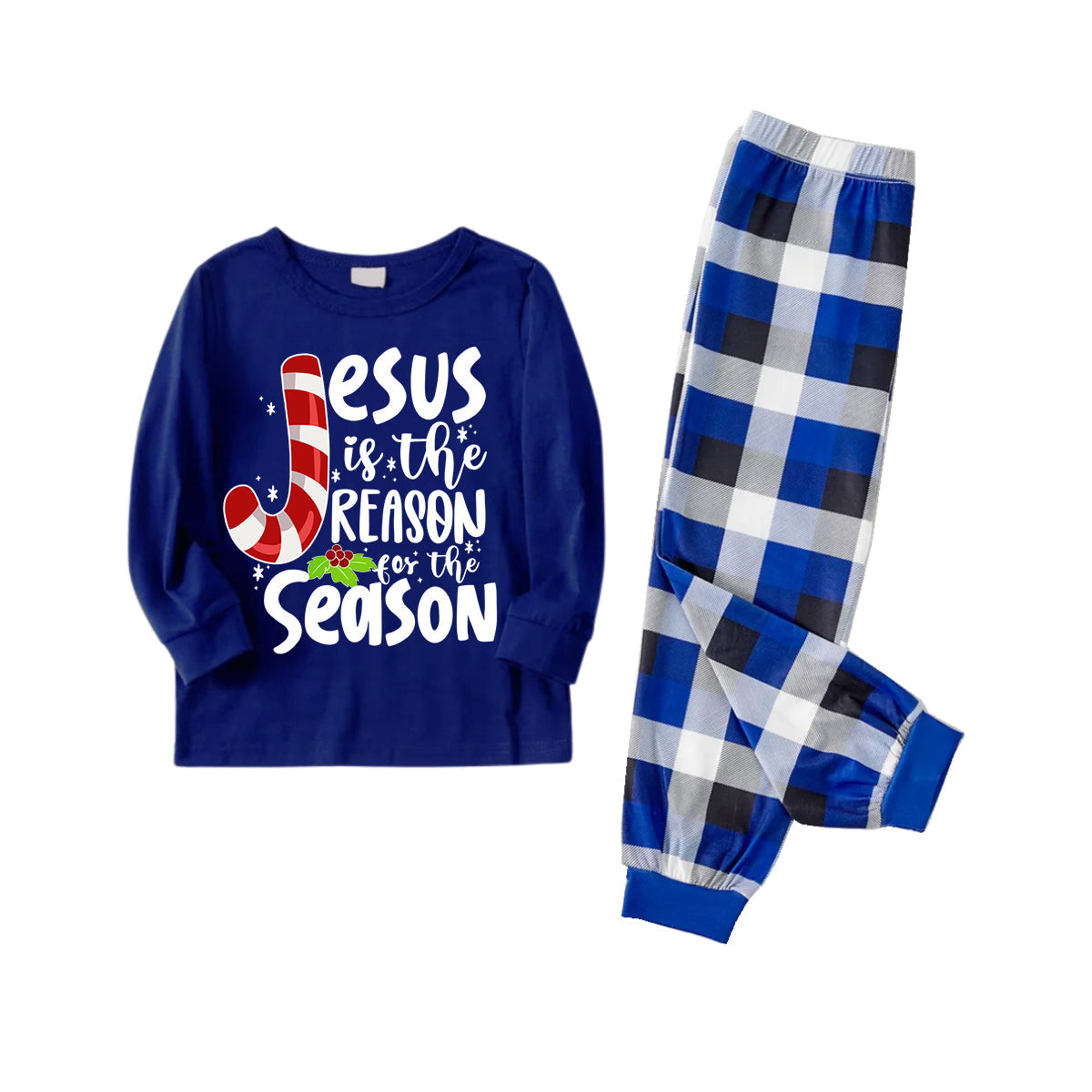 Chic und Stil | Christmas Jesus White Letters Print Contrast Blue Long Sleeve Shirt with Blue and White Checkered Pants Family Matching Pajamas