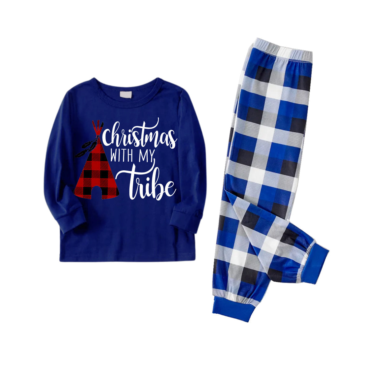 Chic und Stil | "Christmas With My Tribe" Pattern Blue Long Sleeve Shirt with Blue-White-Black Checked Pants Family Matching Pajamas