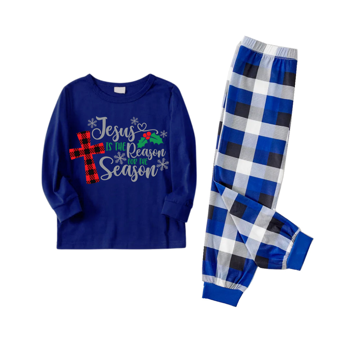 Chic und Stil | Christmas "Jesus is the reason for the season" letter print patterned blue long sleeve shirts with blue-white-black checkered pants family matching pajamas