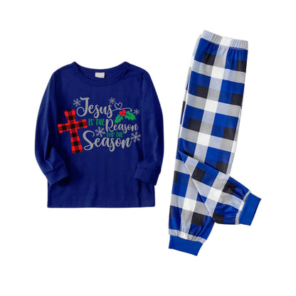 Chic und Stil | Christmas "Jesus is the reason for the season" letter print patterned blue long sleeve shirts with blue-white-black checkered pants family matching pajamas