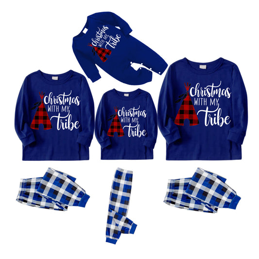 Chic und Stil | "Christmas With My Tribe" Pattern Blue Long Sleeve Shirt with Blue-White-Black Checked Pants Family Matching Pajamas