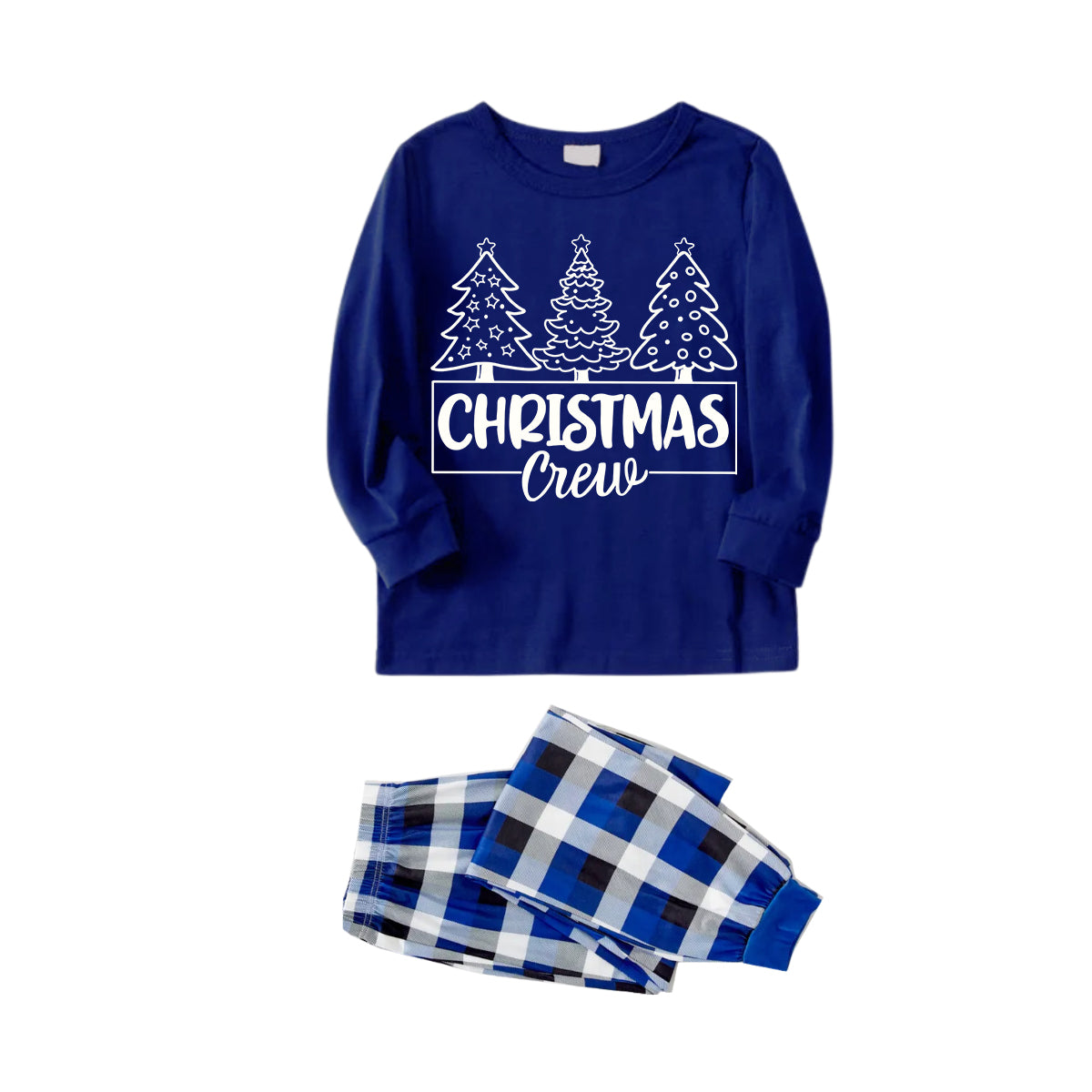 Chic und Stil | "Christmas Crew" and Trees Blue Long Sleeve with Blue & White & Black Checked Pants Family Matching Pajamas
