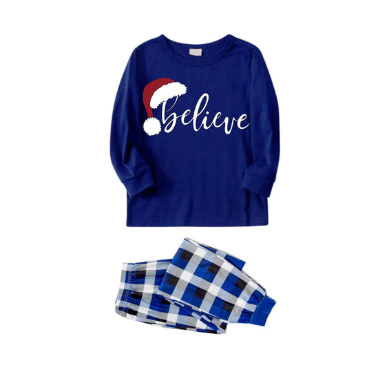 Chic und Stil | Stylish White Letter Print "Believe" Blue Long Sleeve with Blue-White-Black Checked Pants Family Matching Pajamas