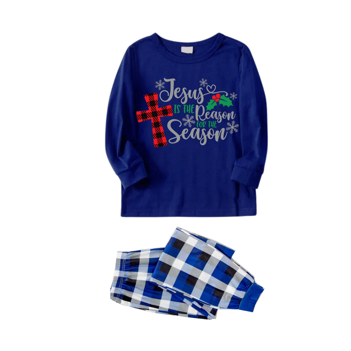 Chic und Stil | Christmas "Jesus is the reason for the season" letter print patterned blue long sleeve shirts with blue-white-black checkered pants family matching pajamas