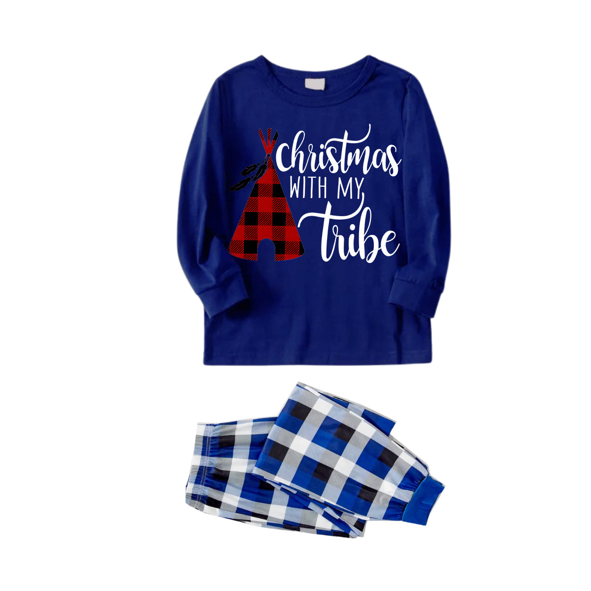 Chic und Stil | "Christmas With My Tribe" Pattern Blue Long Sleeve Shirt with Blue-White-Black Checked Pants Family Matching Pajamas