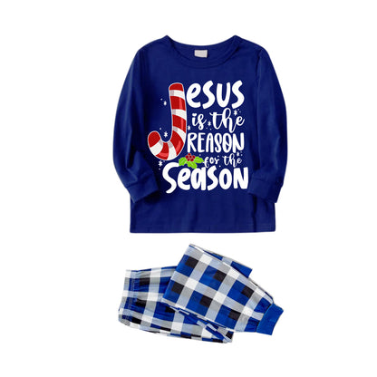 Chic und Stil | Christmas Jesus White Letters Print Contrast Blue Long Sleeve Shirt with Blue and White Checkered Pants Family Matching Pajamas