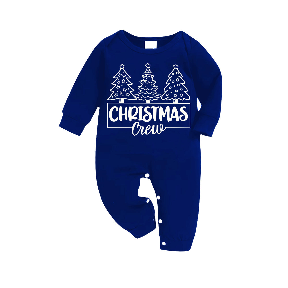 Chic und Stil | "Christmas Crew" and Trees Blue Long Sleeve with Blue & White & Black Checked Pants Family Matching Pajamas