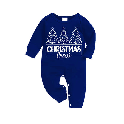 Chic und Stil | "Christmas Crew" and Trees Blue Long Sleeve with Blue & White & Black Checked Pants Family Matching Pajamas