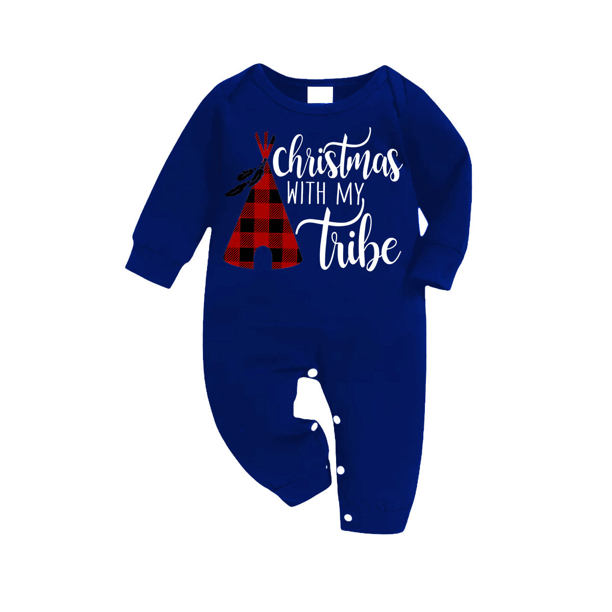 Chic und Stil | "Christmas With My Tribe" Pattern Blue Long Sleeve Shirt with Blue-White-Black Checked Pants Family Matching Pajamas