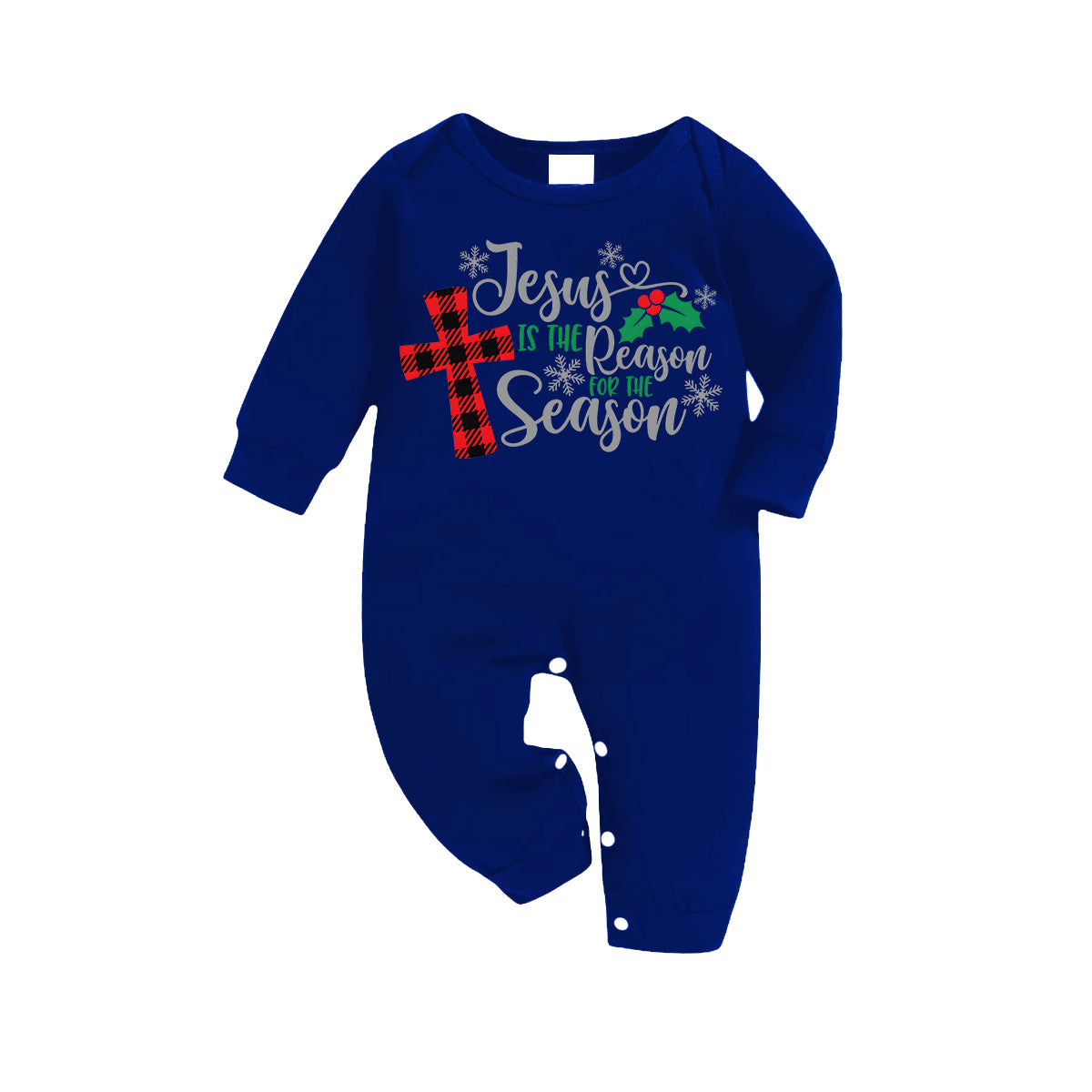 Chic und Stil | Christmas "Jesus is the reason for the season" letter print patterned blue long sleeve shirts with blue-white-black checkered pants family matching pajamas
