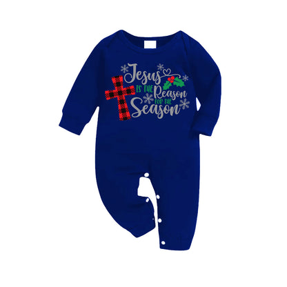 Chic und Stil | Christmas "Jesus is the reason for the season" letter print patterned blue long sleeve shirts with blue-white-black checkered pants family matching pajamas