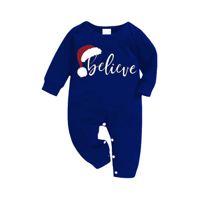 Chic und Stil | Stylish White Letter Print "Believe" Blue Long Sleeve with Blue-White-Black Checked Pants Family Matching Pajamas