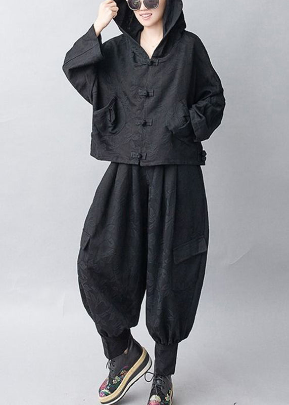 Chic und Stil | Black Hooded Coats and Pants Two Piece Set