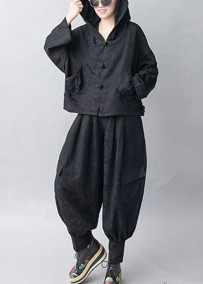 Chic und Stil | Black Hooded Coats and Pants Two Piece Set