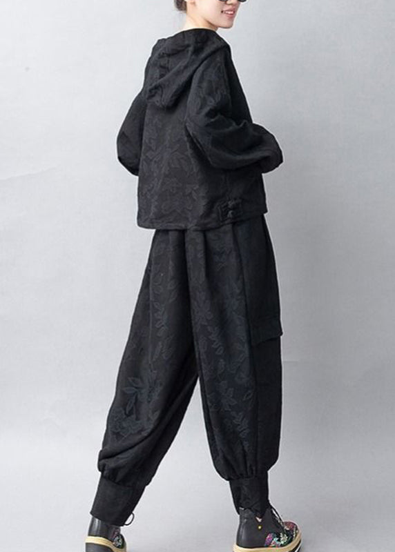 Chic und Stil | Black Hooded Coats and Pants Two Piece Set