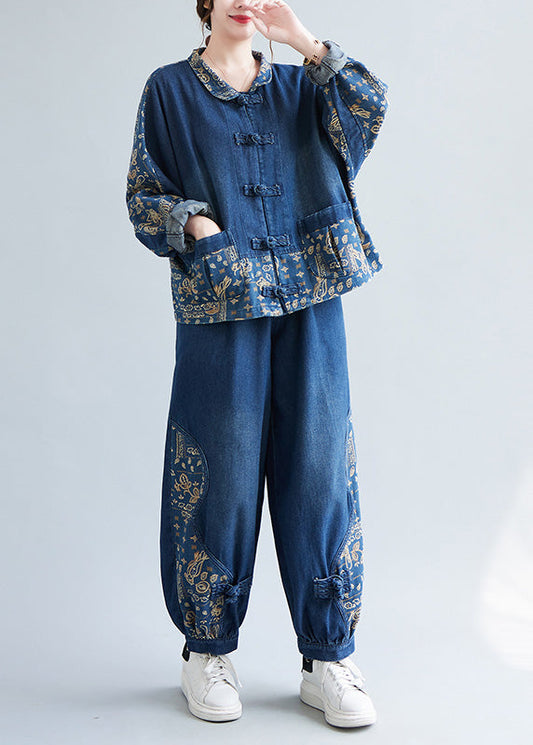 Chic und Stil | Denim Blue Peter Pan Collar Printed Coats and Lantern Pants Two-Piece Set
